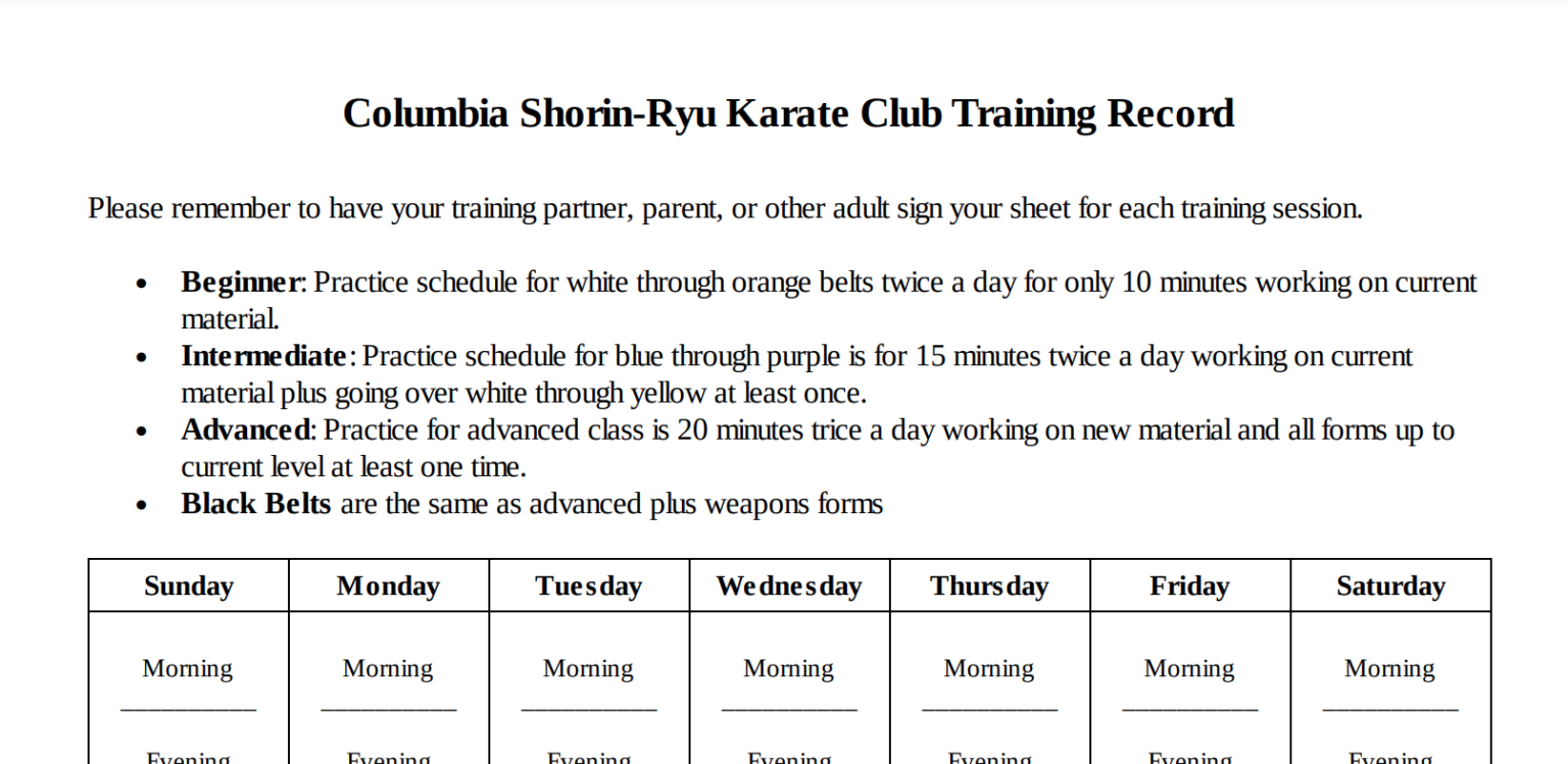 PRACTICE SHEETS COMO KARATE
